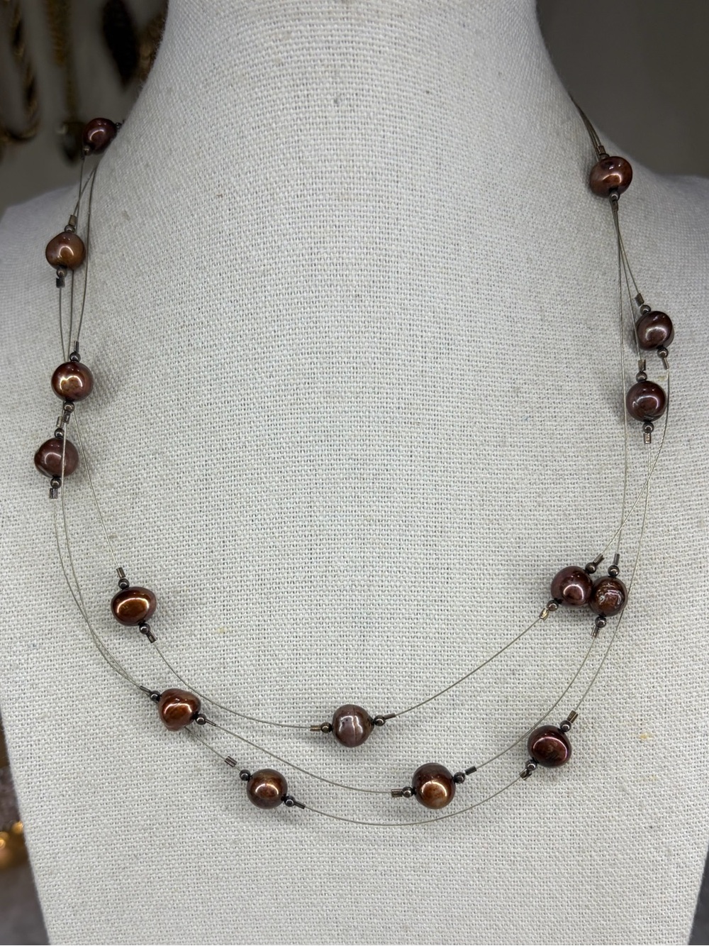 Chocolate Brown Pearl Illusion Necklace Multi Layer Stranded fall Jewelry